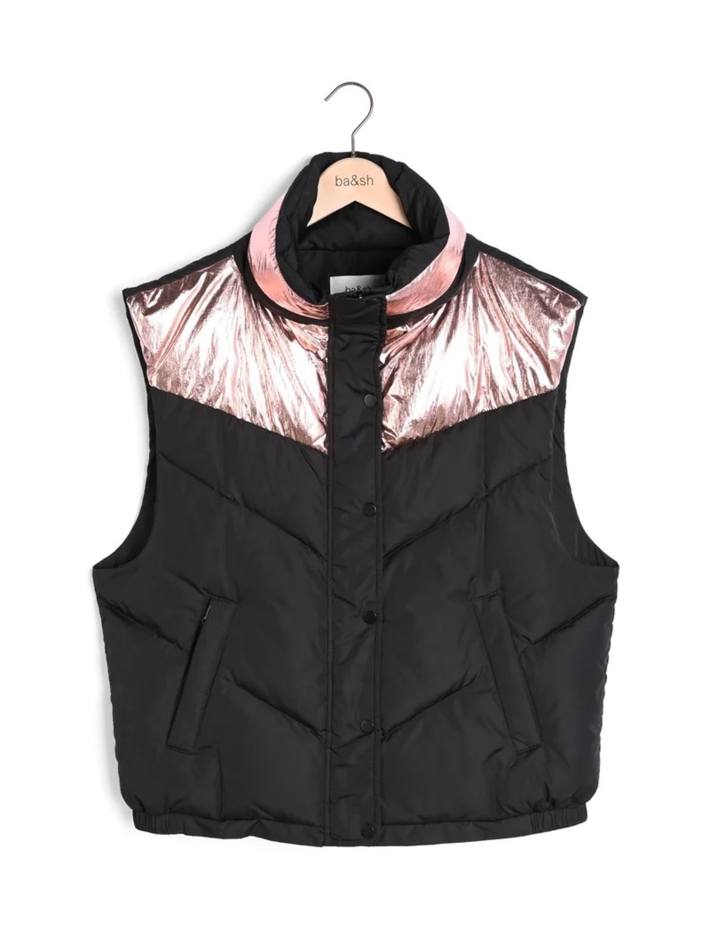 BA&SH Black Padded Puffer Vest Rose Gold Metallic Detail Size Small